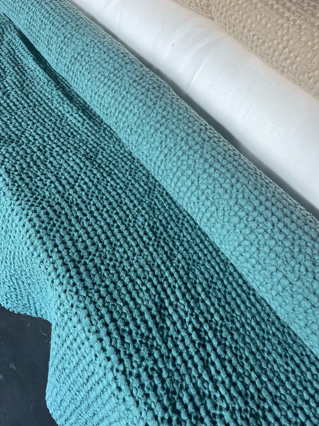 Waffle Linen Cotton Fabric: SOFT Green, 88" Extra Wide, 250g