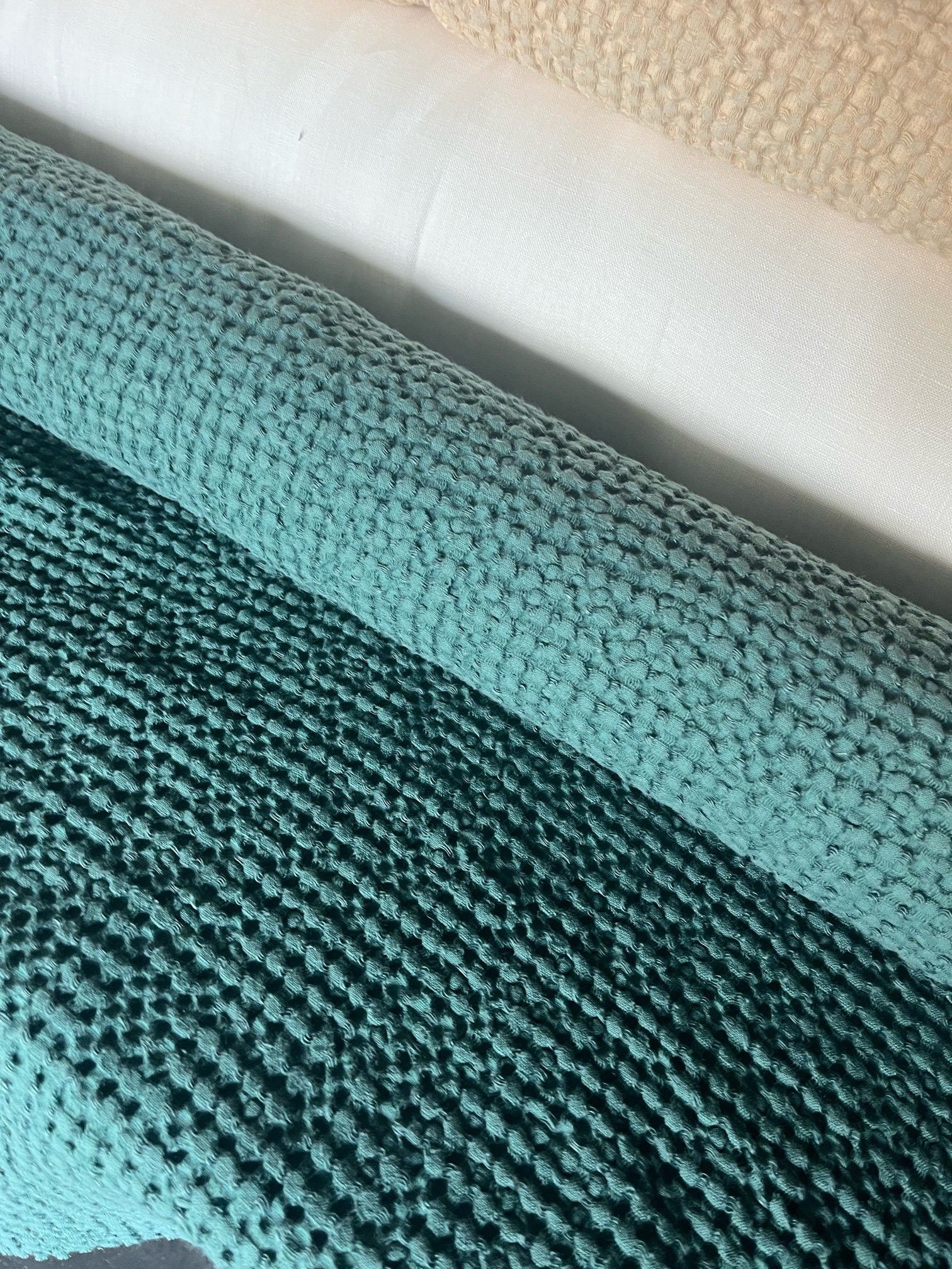 Waffle Linen Cotton Fabric: SOFT Green, 88" Extra Wide, 250g