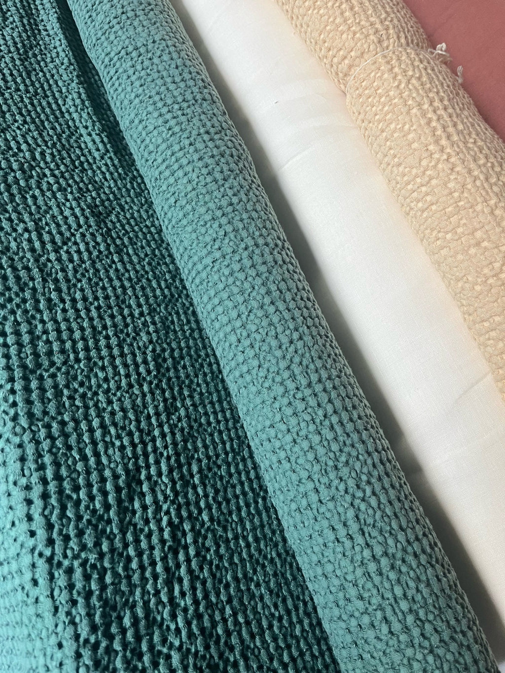 Waffle Linen Cotton Fabric: SOFT Green, 88" Extra Wide, 250g