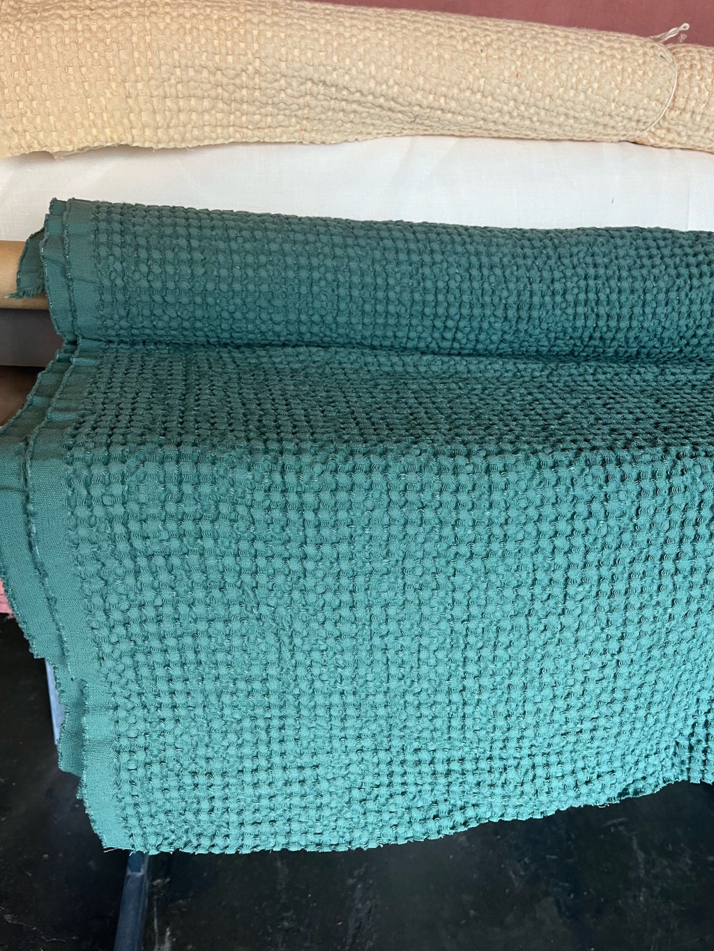 Waffle Linen Cotton Fabric: SOFT Green, 88" Extra Wide, 250g