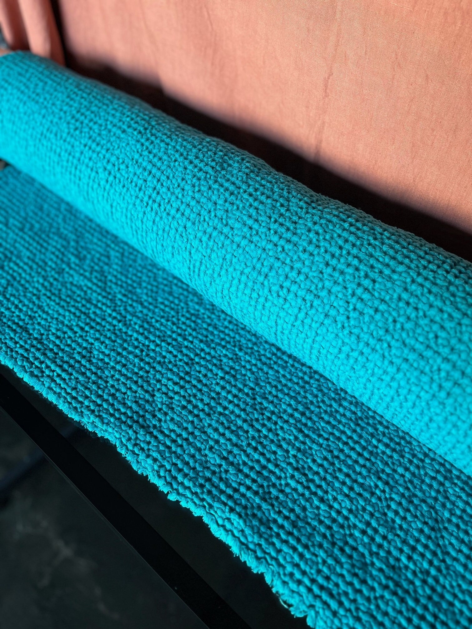 Cyan Waffle Linen Cotton Fabric: 88" Extra Wide, Soft Texture