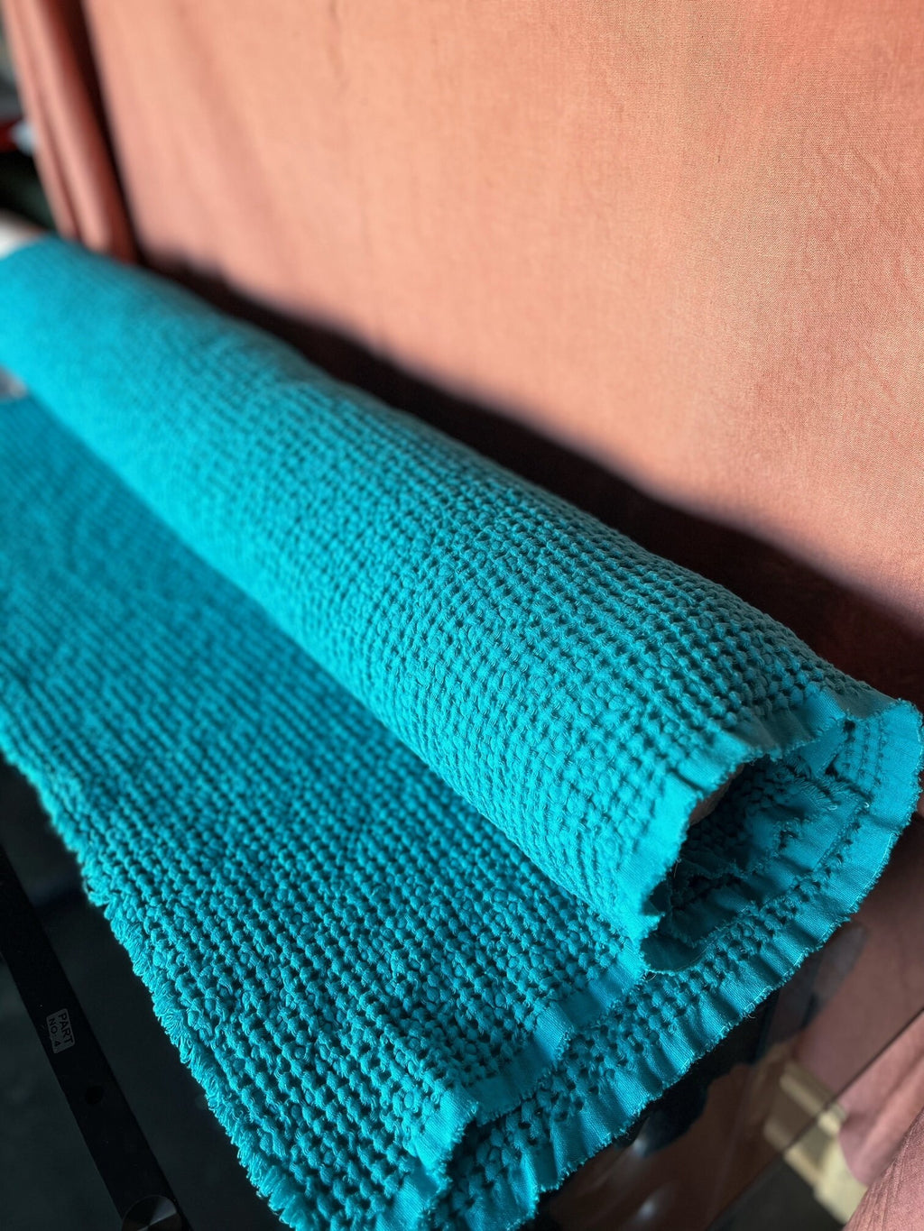 Cyan Waffle Linen Cotton Fabric: 88" Extra Wide, Soft Texture