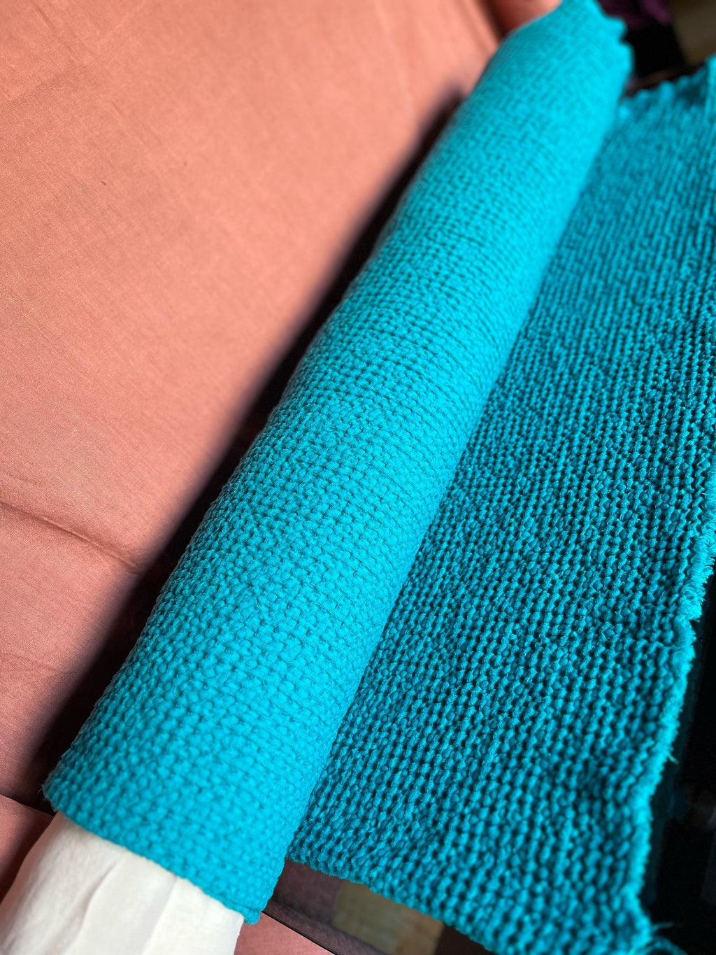 Cyan Waffle Linen Cotton Fabric: 88" Extra Wide, Soft Texture