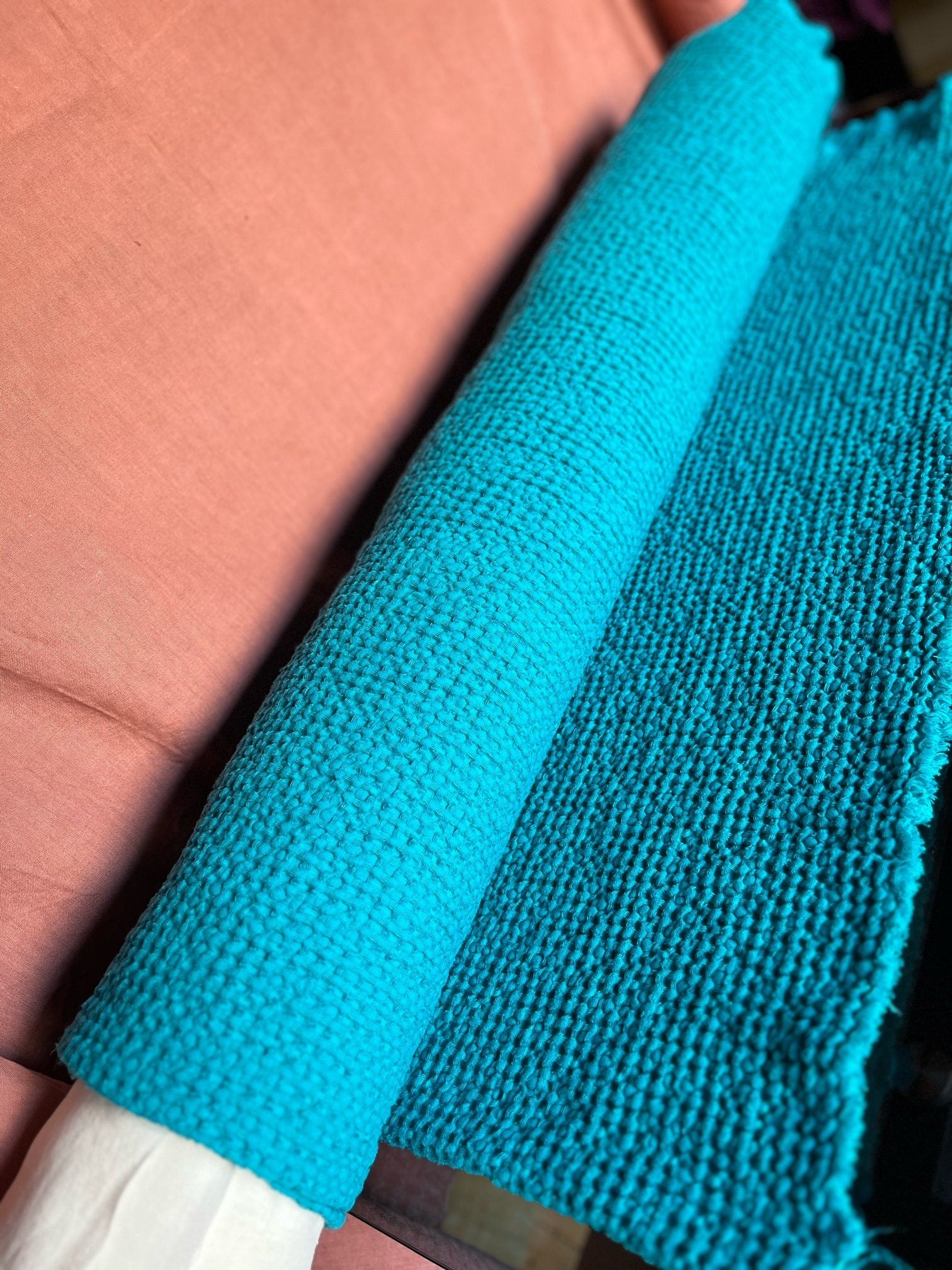 Cyan Waffle Linen Cotton Fabric: 88" Extra Wide, Soft Texture