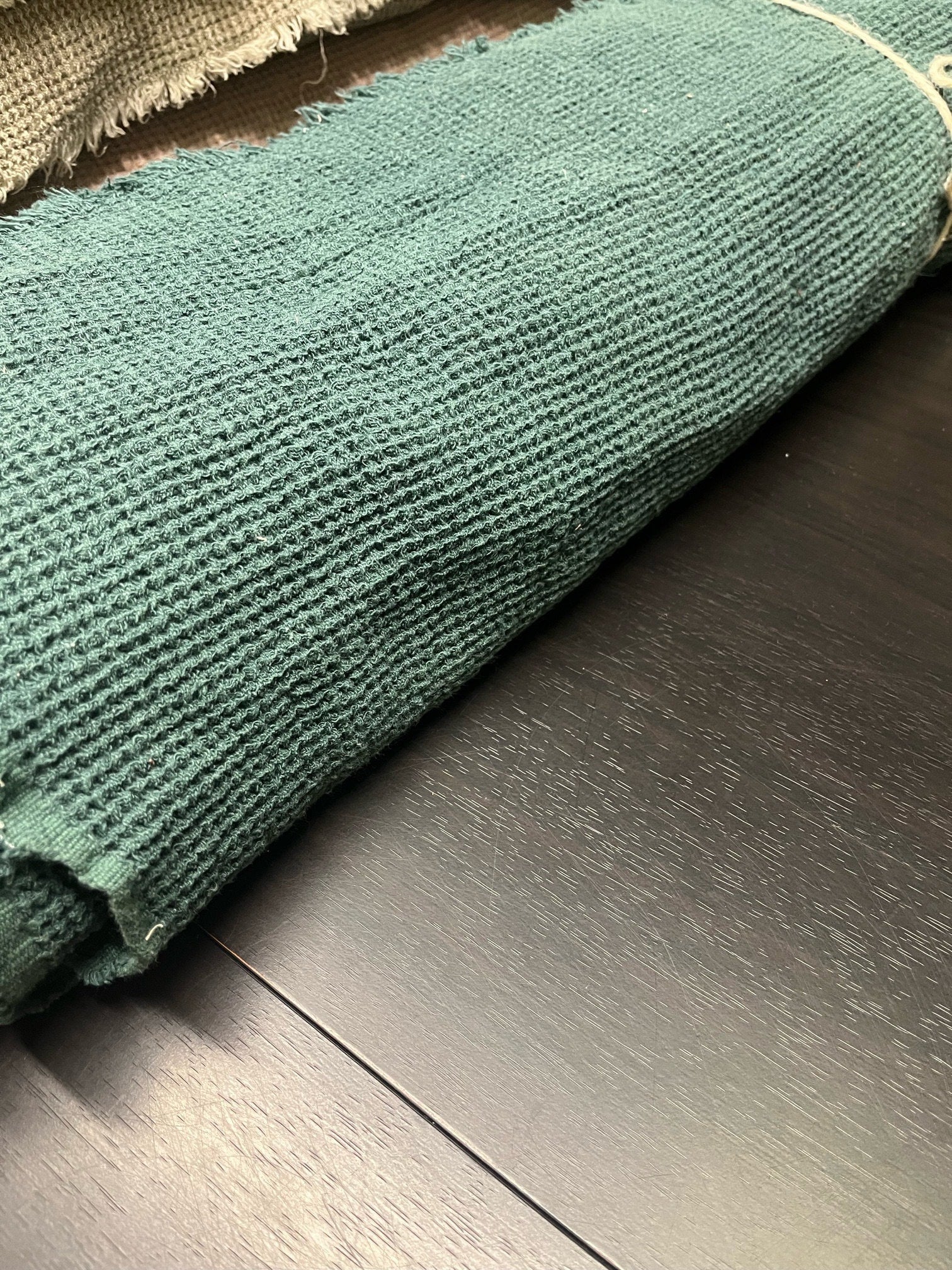 Green Waffle Linen Fabric: 80" Extra Wide, 500g Heavy Weight