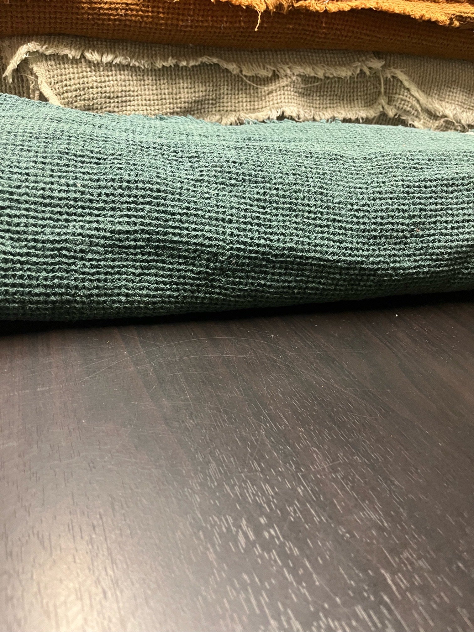 Green Waffle Linen Fabric: 80" Extra Wide, 500g Heavy Weight