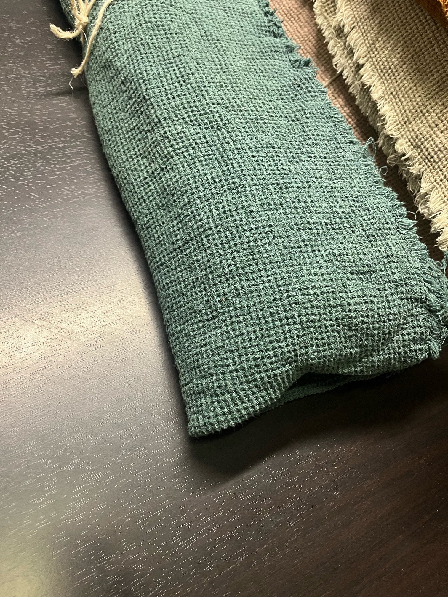 Green Waffle Linen Fabric: 80" Extra Wide, 500g Heavy Weight