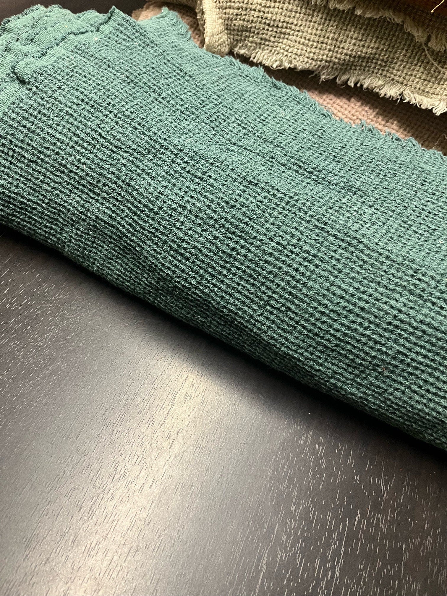 Green Waffle Linen Fabric: 80" Extra Wide, 500g Heavy Weight