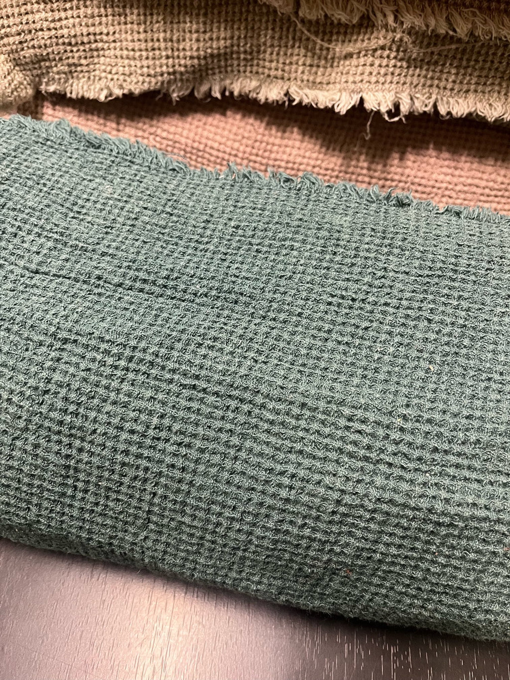 Green Waffle Linen Fabric: 80" Extra Wide, 500g Heavy Weight