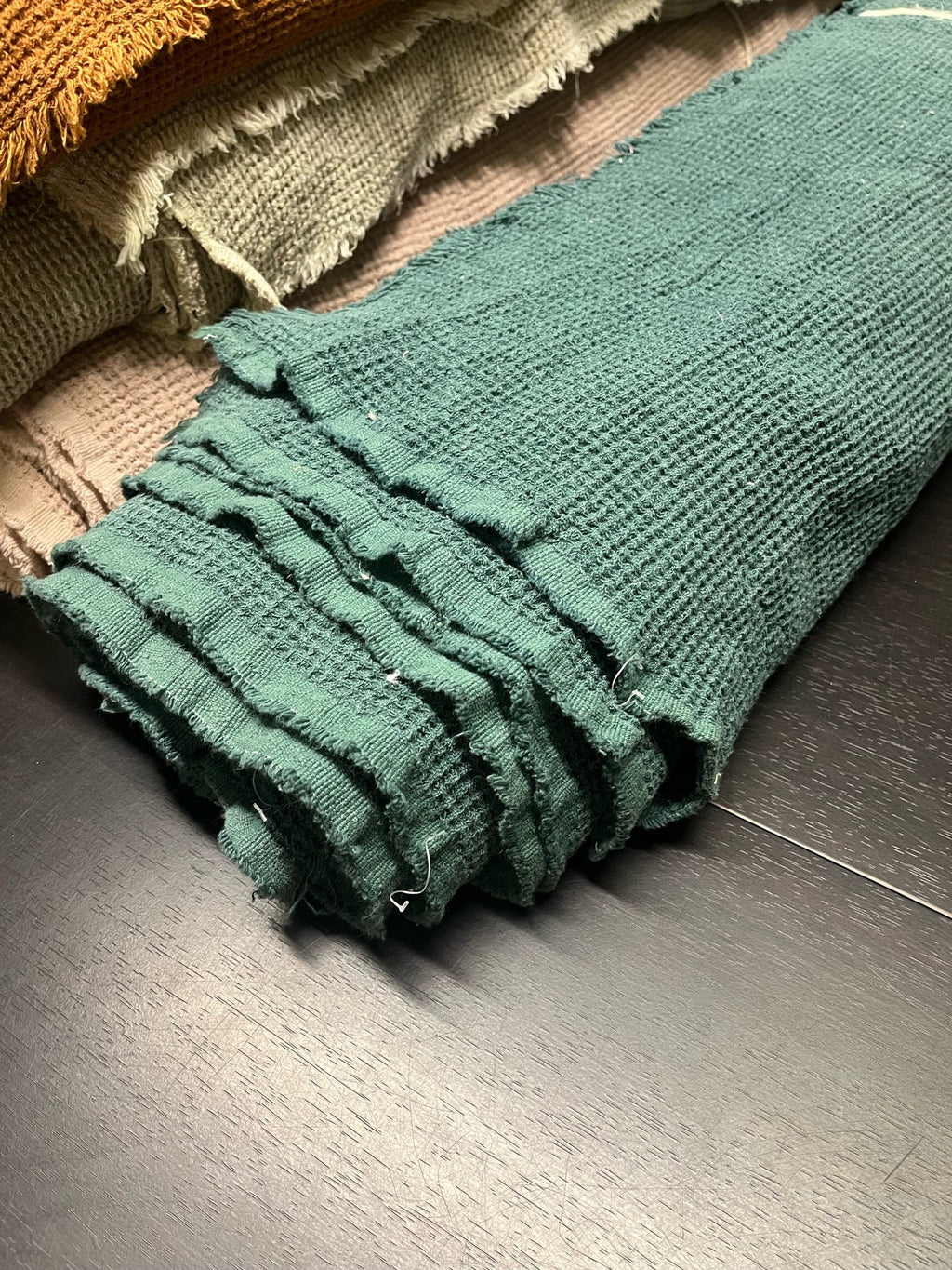 Green Waffle Linen Fabric: 80" Extra Wide, 500g Heavy Weight