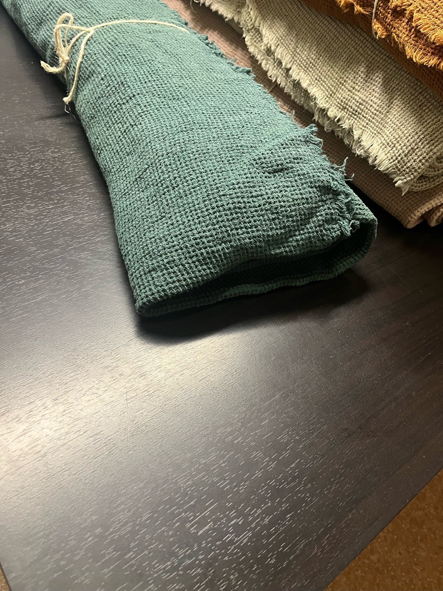 Green Waffle Linen Fabric: 80" Extra Wide, 500g Heavy Weight